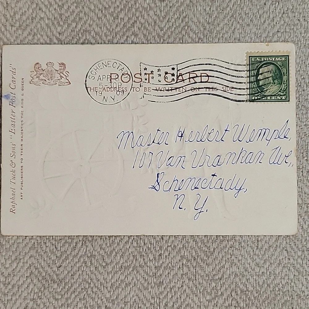 1909 Vintage Easter Postcard with Boy and Cart